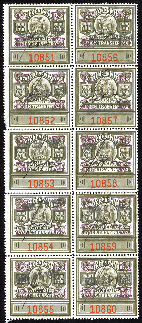 1929 ST116 attached block of 10-"$1000" denomination (10K total)